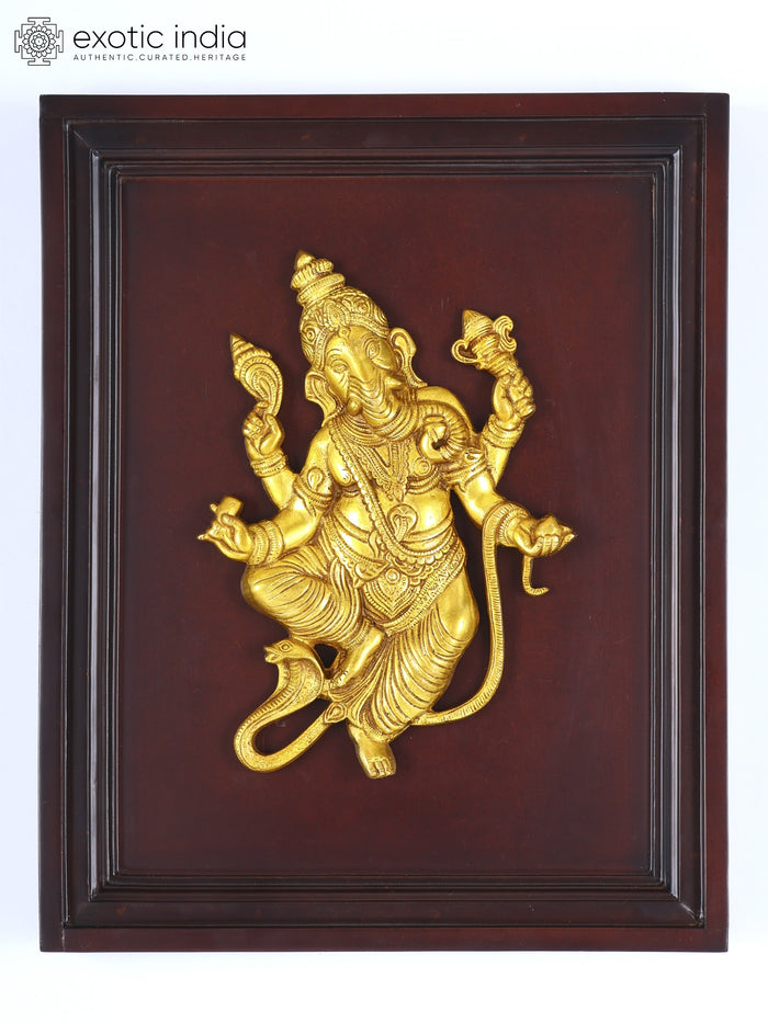 16" Brass Ganesha with Serpent Wood Framed Wall Hanging
