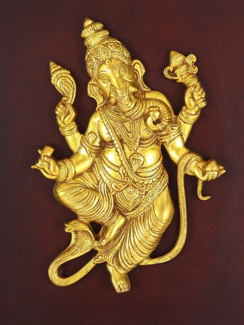 16" Wood Framed Brass Ganesha with Serpent | Wall Hanging