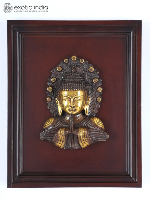 16" Namaste Buddha Brass Sculpture with Wood Frame Wall Hanging