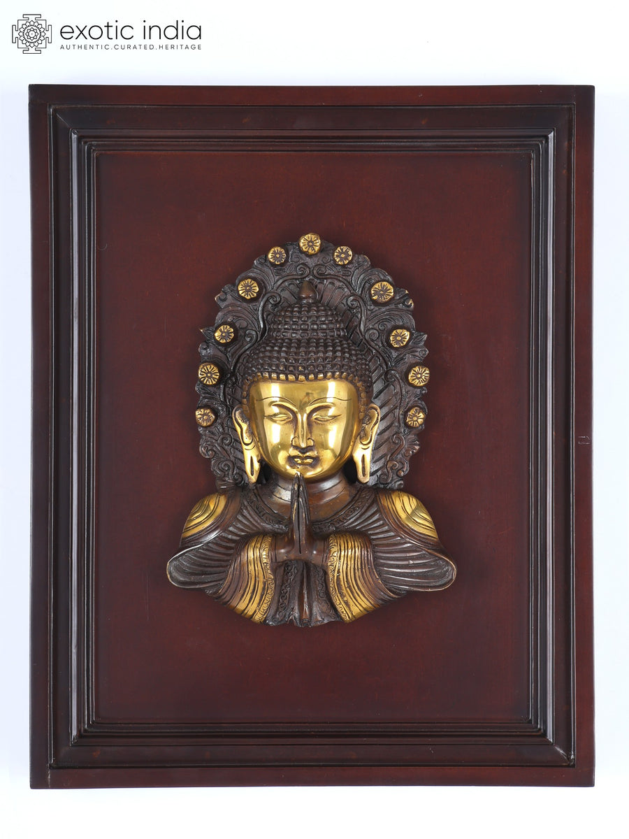 16" Namaste Buddha Brass Sculpture with Wood Frame Wall Hanging