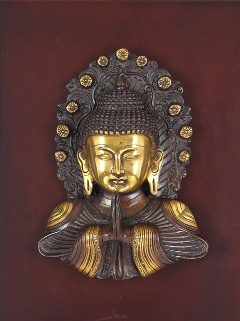 16" Namaste Buddha | Wood Framed Brass Sculpture | Wall Hanging