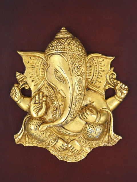 16" Wood Framed Lord Ganesha Wall Hanging Statue in Brass