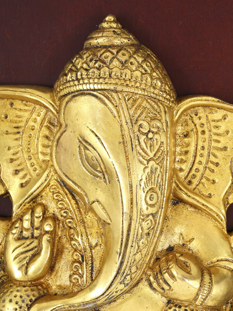 16" Wood Framed Lord Ganesha Wall Hanging Statue in Brass