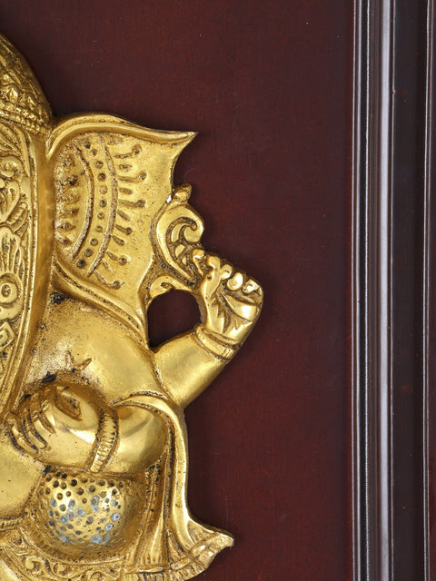 16" Wood Framed Lord Ganesha Wall Hanging Statue in Brass