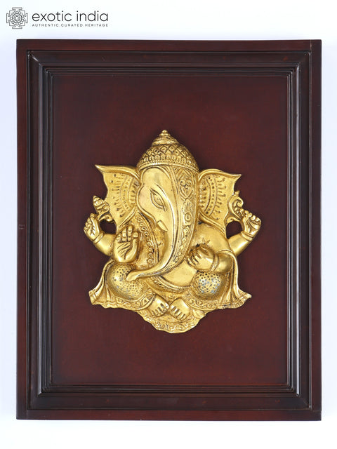 16" Wood Framed Lord Ganesha Wall Hanging Statue in Brass