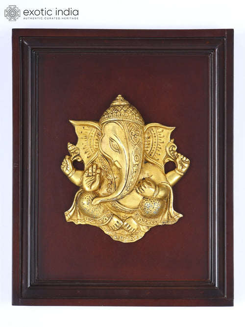 16" Brass Lord Ganesha Wall Hanging Statue with Wood Frame