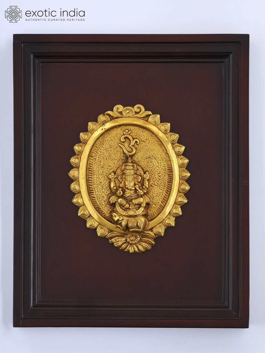 16" Brass Lord Ganesha Wall Hanging Sculpture with Wood Frame