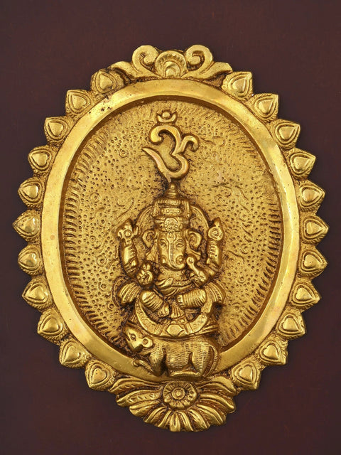 16" Brass Lord Ganesha Wall Hanging Plate | Wood Framed Sculpture
