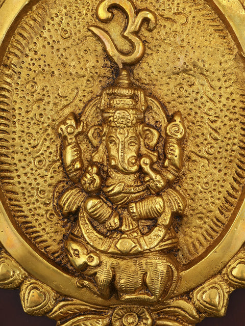 16" Brass Lord Ganesha Wall Hanging Plate | Wood Framed Sculpture