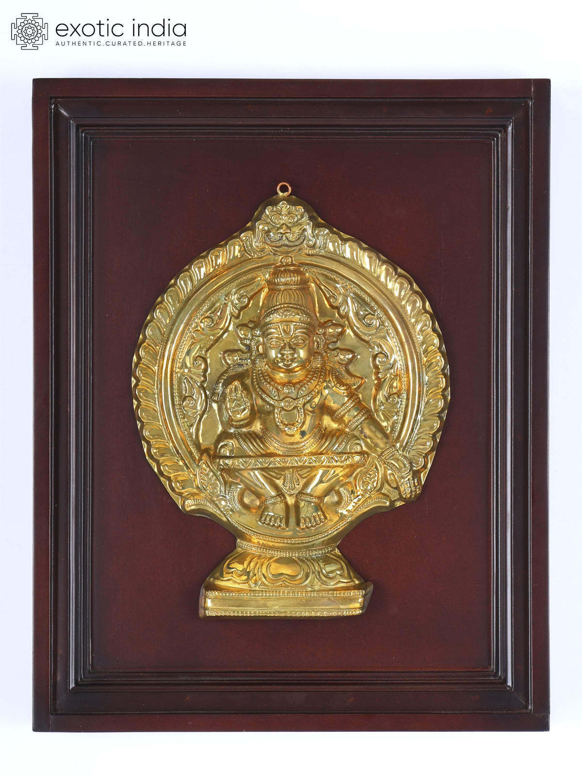 16" Lord Ayyappan Brass Sculpture Wood Frame Wall Hanging