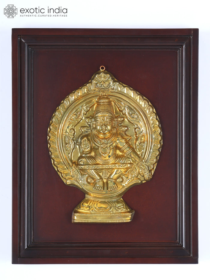 16" Lord Ayyappan Brass Sculpture Wood Frame Wall Hanging