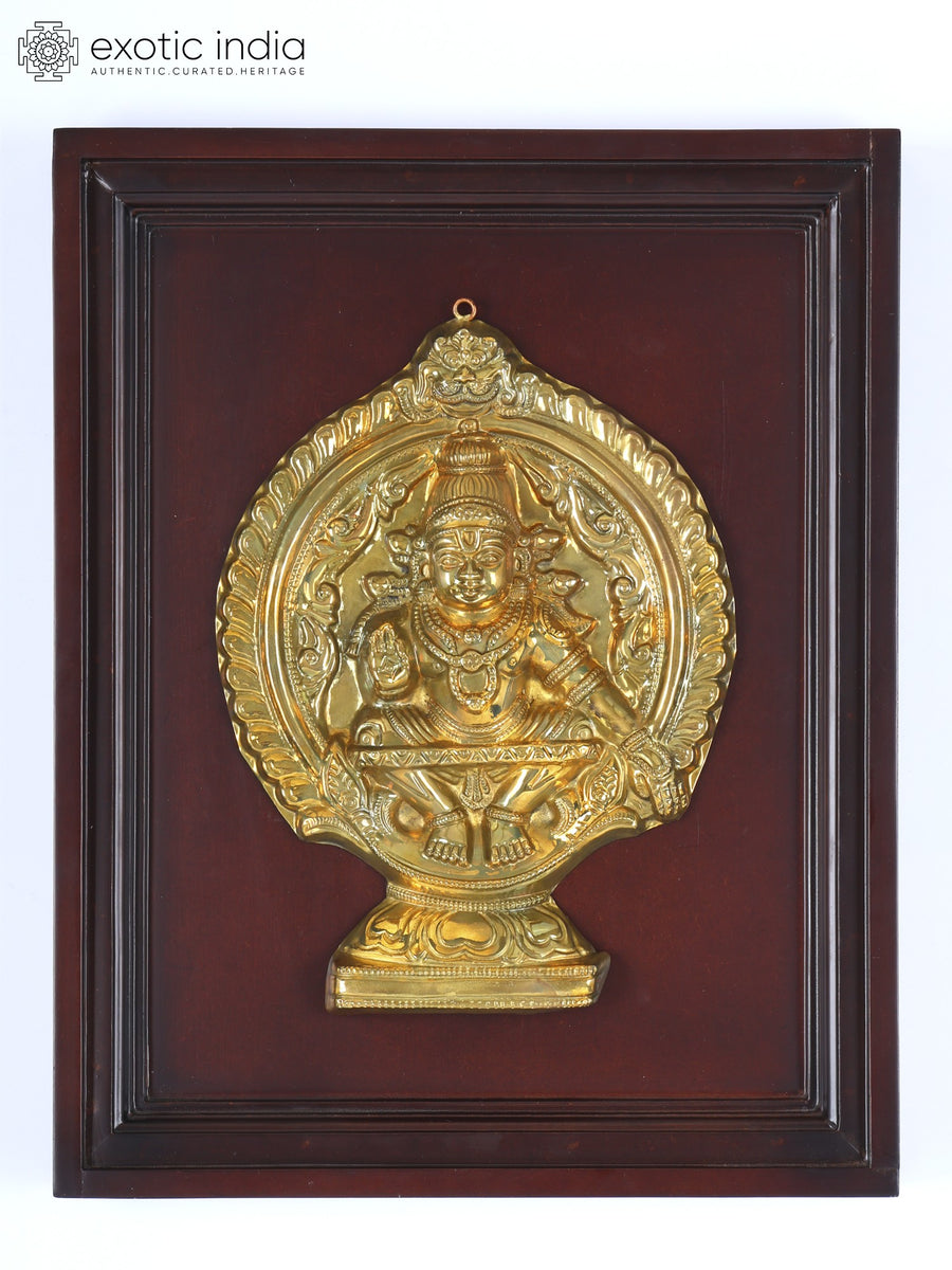 16" Lord Ayyappan Brass Sculpture Wood Frame Wall Hanging