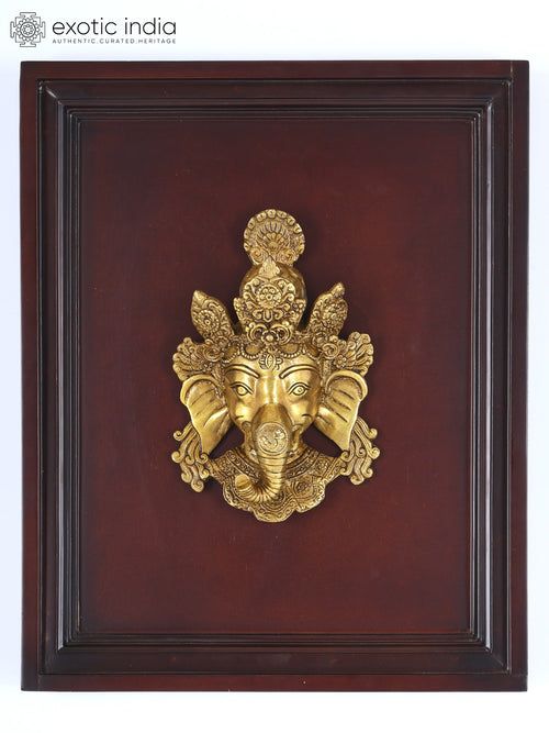 16" Lord Ganesha Wood Framed Brass Wall Hanging Sculpture