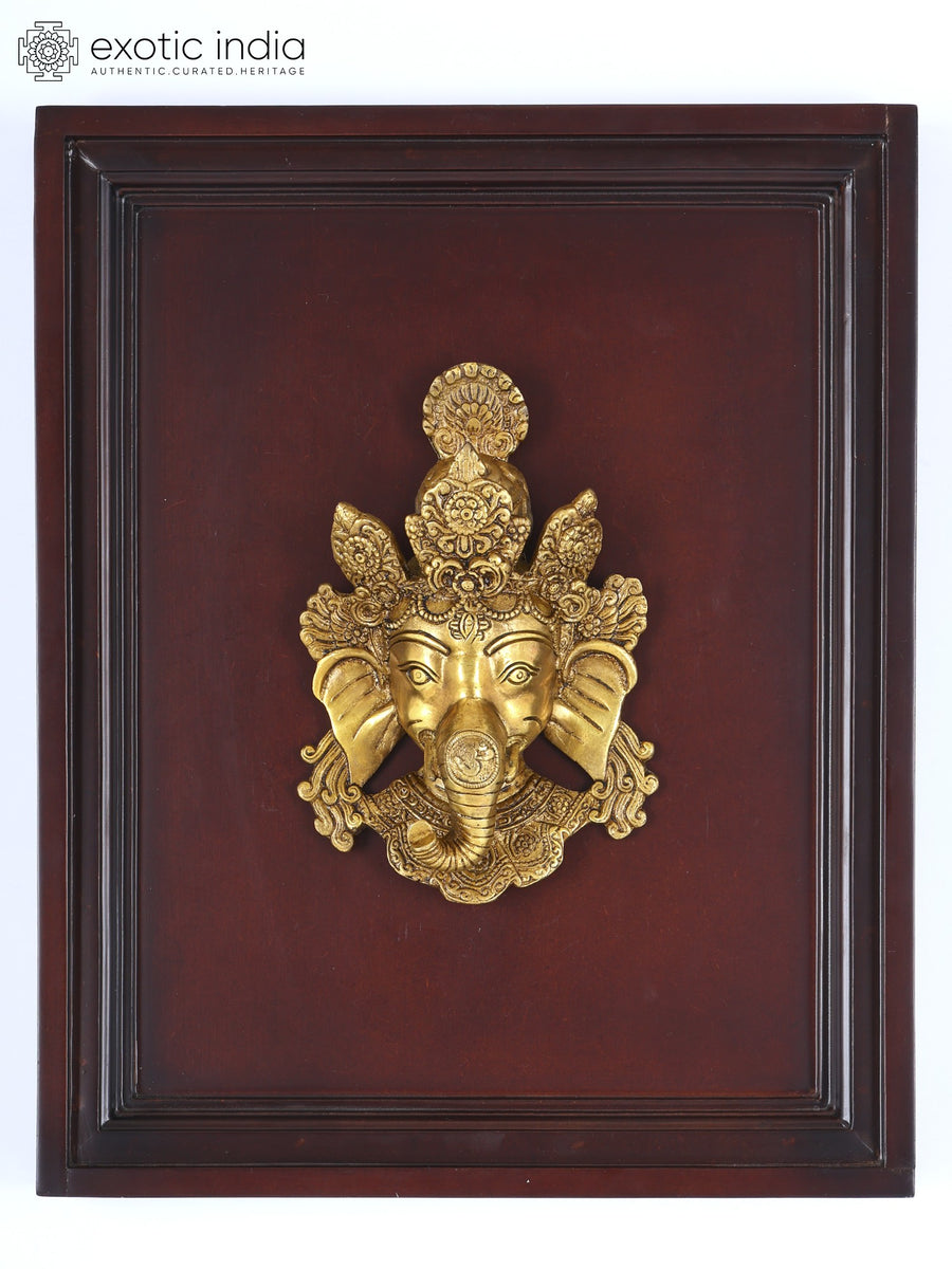16" Lord Ganesha Wood Framed Brass Wall Hanging Sculpture