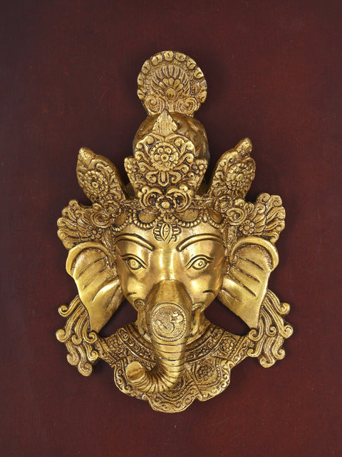 16" Lord Ganesha Mask | Wood Framed Brass Sculpture | Wall Hanging