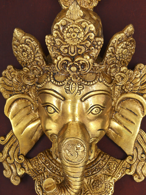 16" Lord Ganesha Mask | Wood Framed Brass Sculpture | Wall Hanging