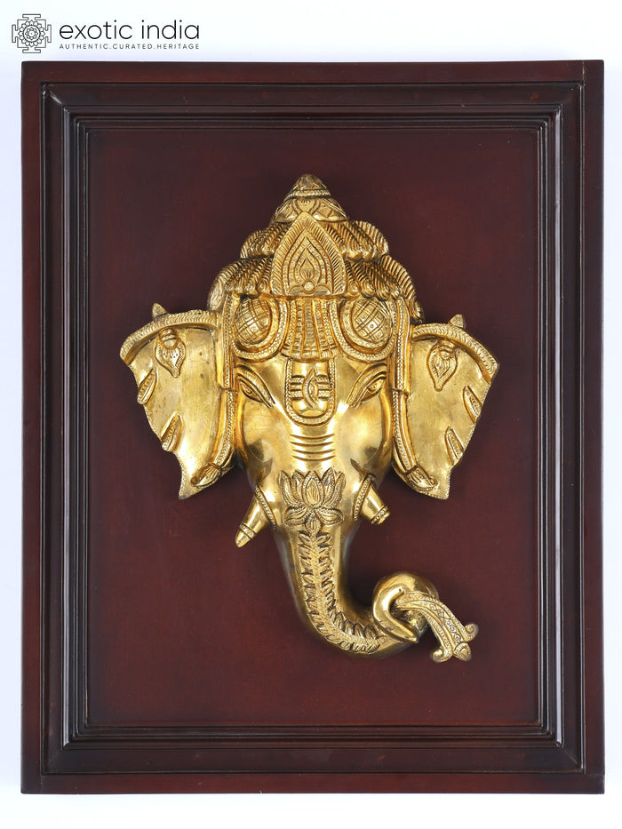 16" Brass Ganesha Face Wall Hanging with Wood Frame
