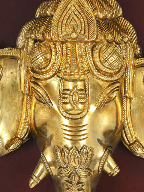16" Wood Framed Ganesha Face in Brass | Wall Hanging