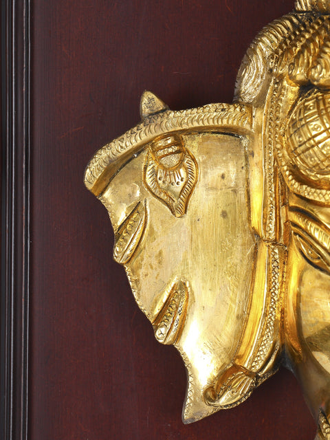 16" Wood Framed Ganesha Face in Brass | Wall Hanging