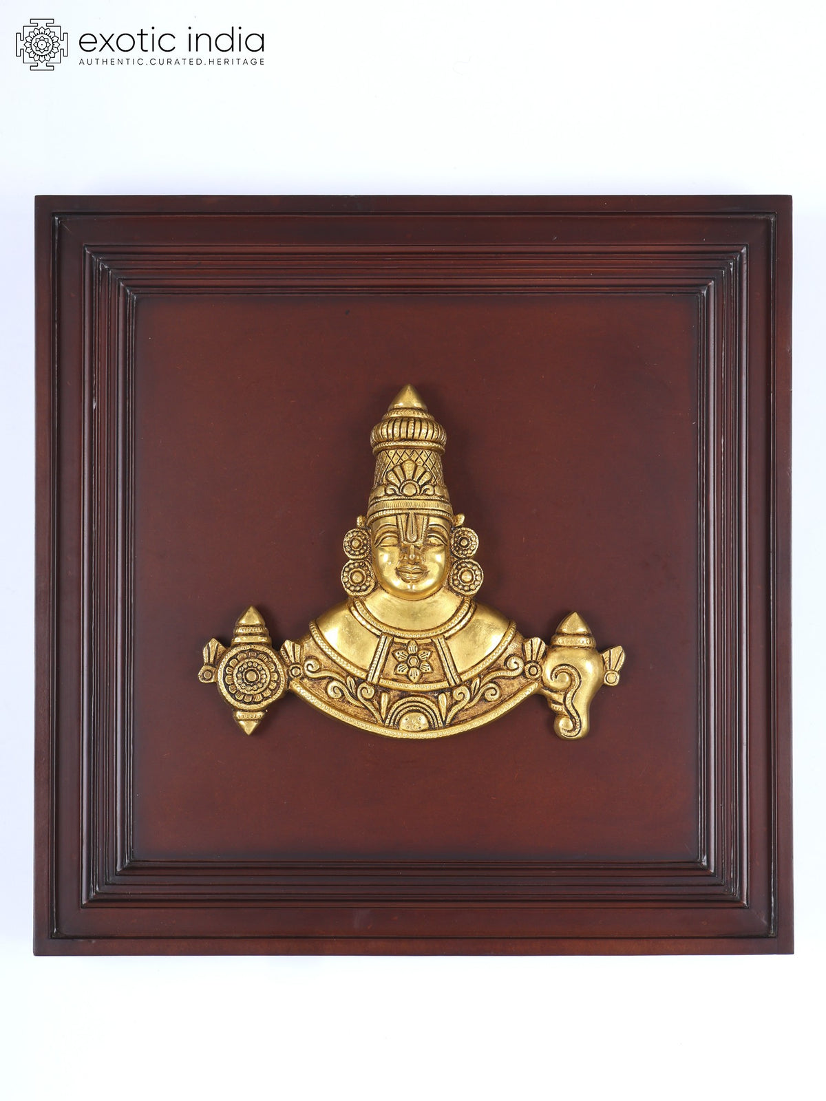 20" Tirupati Balaji Brass Sculpture with Wood Frame Wall Hanging
