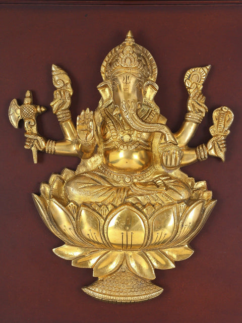 20" Six Armed Lord Ganesha Seated on Lotus | Wood Framed Brass Sculpture | Wall Hanging