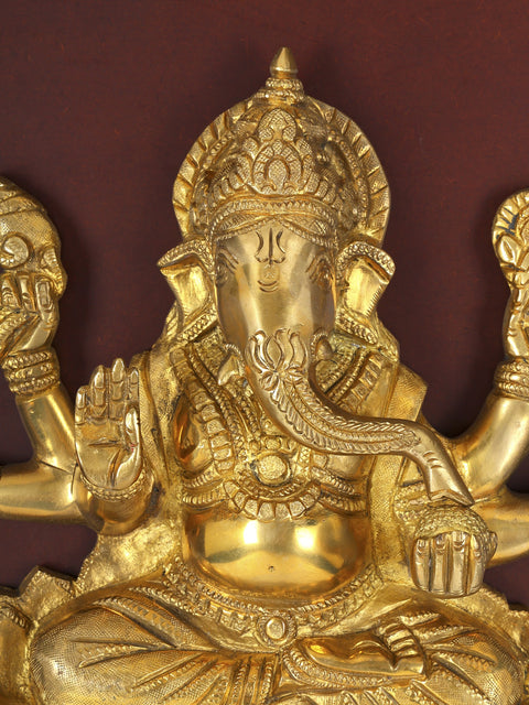 20" Six Armed Lord Ganesha Seated on Lotus | Wood Framed Brass Sculpture | Wall Hanging
