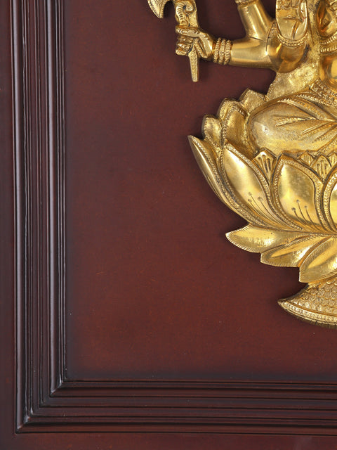 20" Six Armed Lord Ganesha Seated on Lotus | Wood Framed Brass Sculpture | Wall Hanging