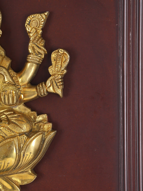 20" Six Armed Lord Ganesha Seated on Lotus | Wood Framed Brass Sculpture | Wall Hanging