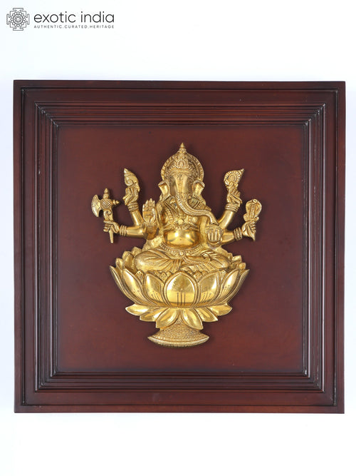 20" Six Armed Ganesha Seated on Lotus Wood Brass Wall Hanging Sculpture