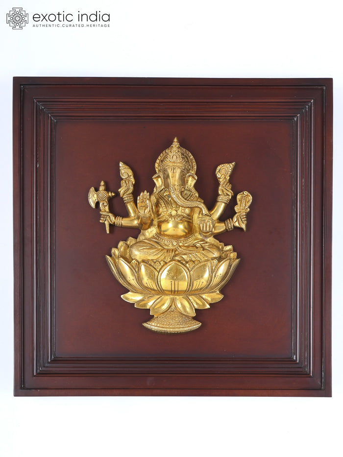 20" Six Armed Ganesha Seated on Lotus Wood Brass Wall Hanging Sculpture