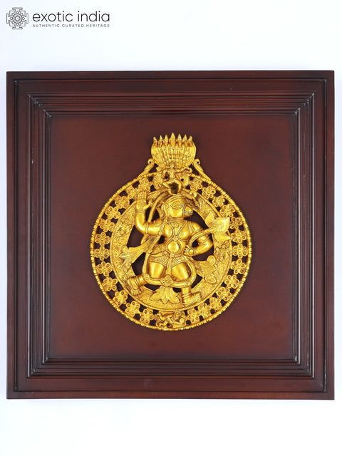 20" Lord Hanuman Carrying Lotus Flower and Krishna on The Top | Wood Framed Brass Sculpture | Wall Hanging