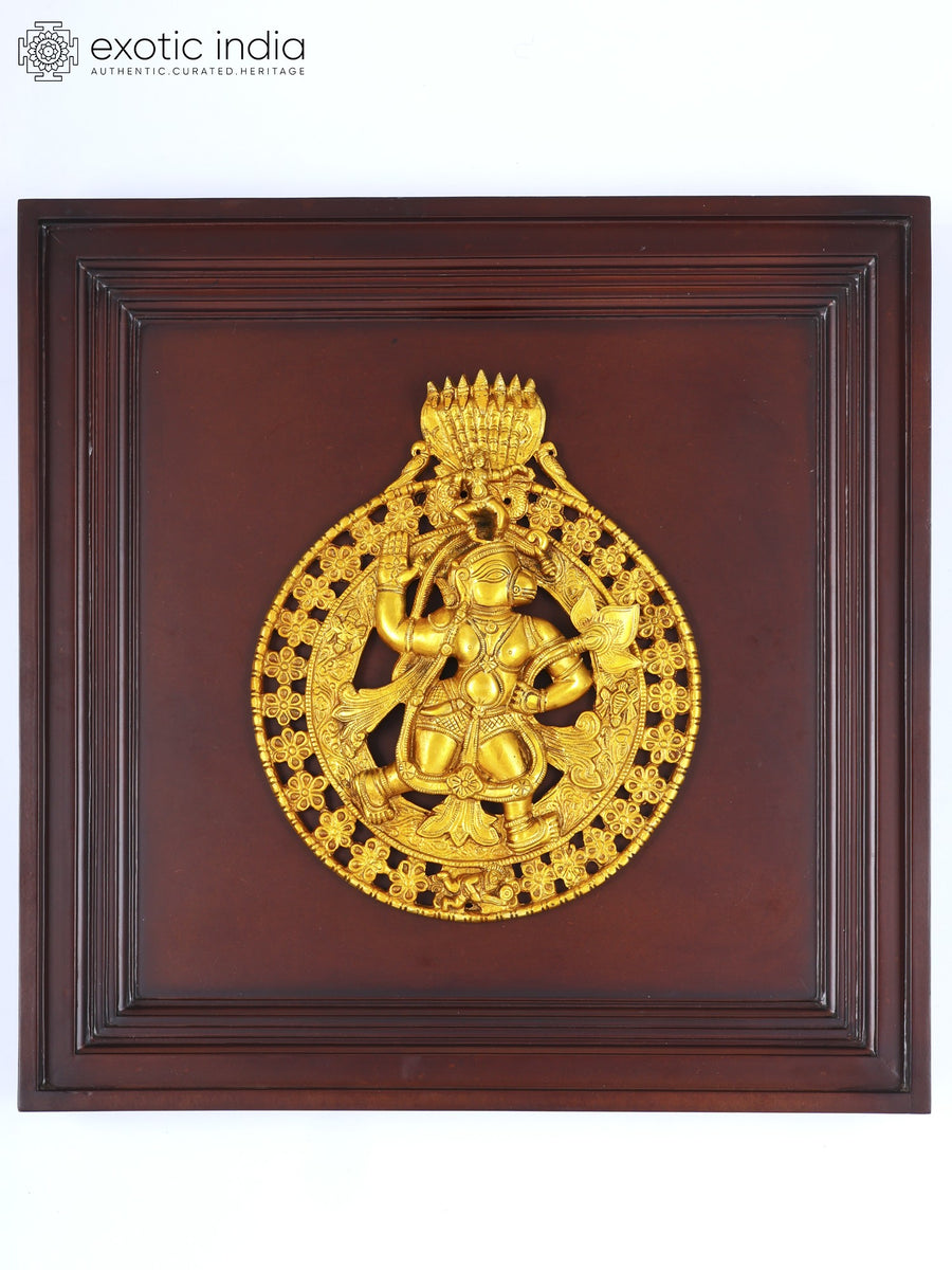 20" Hanuman Carrying Lotus and Krishna Brass Wall Hanging Sculpture