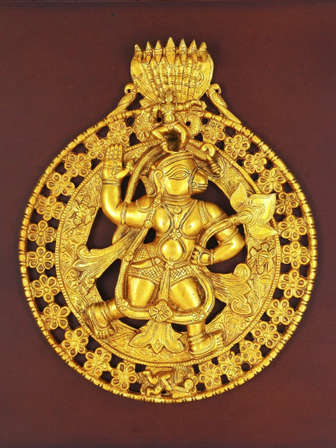 20" Lord Hanuman Carrying Lotus Flower and Krishna on The Top | Wood Framed Brass Sculpture | Wall Hanging