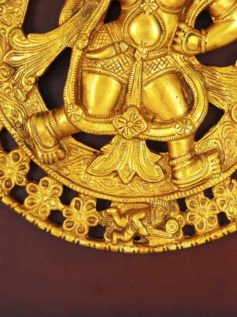 20" Lord Hanuman Carrying Lotus Flower and Krishna on The Top | Wood Framed Brass Sculpture | Wall Hanging