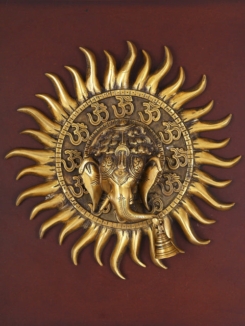 20" Om (Aum) Ganesha with Bell | Wood Framed Brass Sculpture | Wall Hanging
