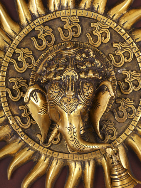 20" Om (Aum) Ganesha with Bell | Wood Framed Brass Sculpture | Wall Hanging