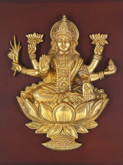 20" Six Armed Blessing Goddess Lakshmi Seated on Lotus | Wood Framed Brass Sculpture | Wall Hanging