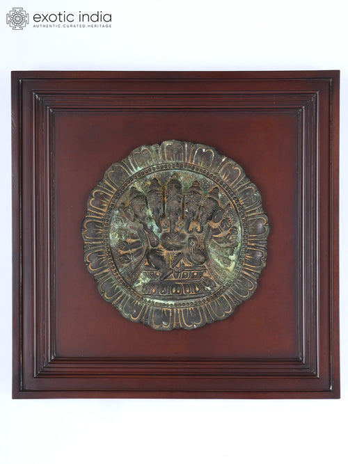 20" Panchamukhi Ganesha Wood Framed Brass Wall Hanging Sculpture