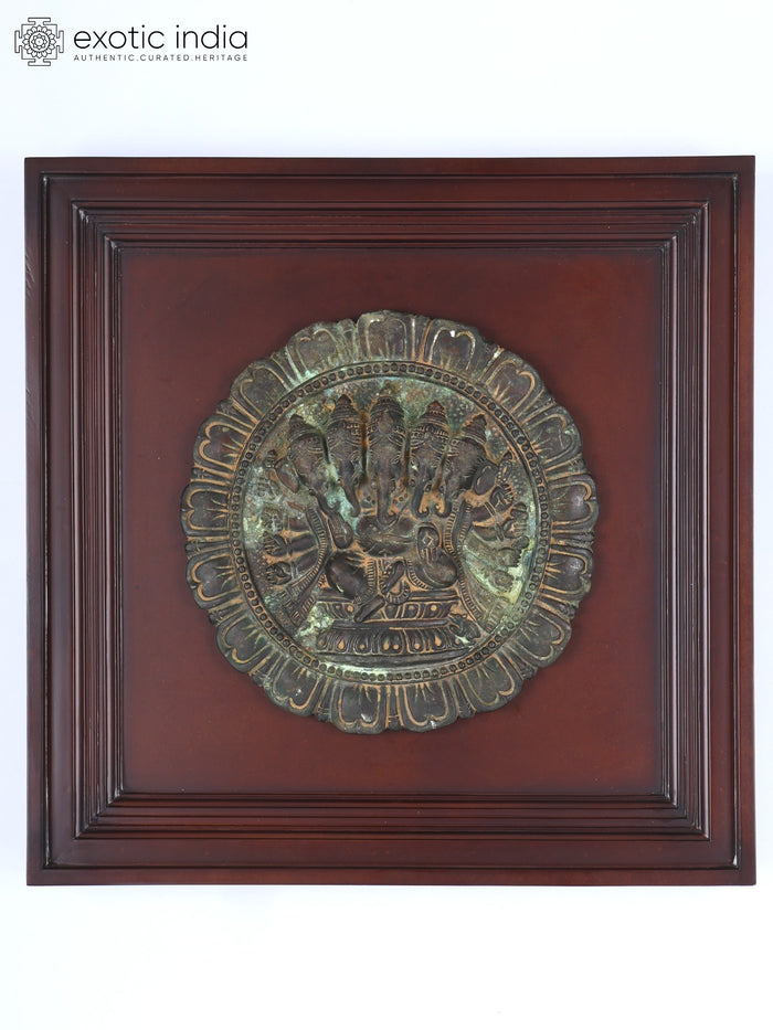 20" Panchamukhi Ganesha Wood Framed Brass Wall Hanging Sculpture