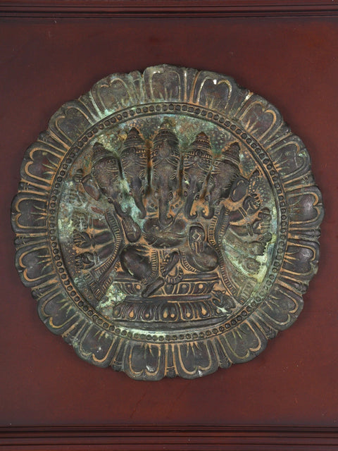 20" Panchamukhi Ganesha | Wood Framed Brass Sculpture | Wall Hanging