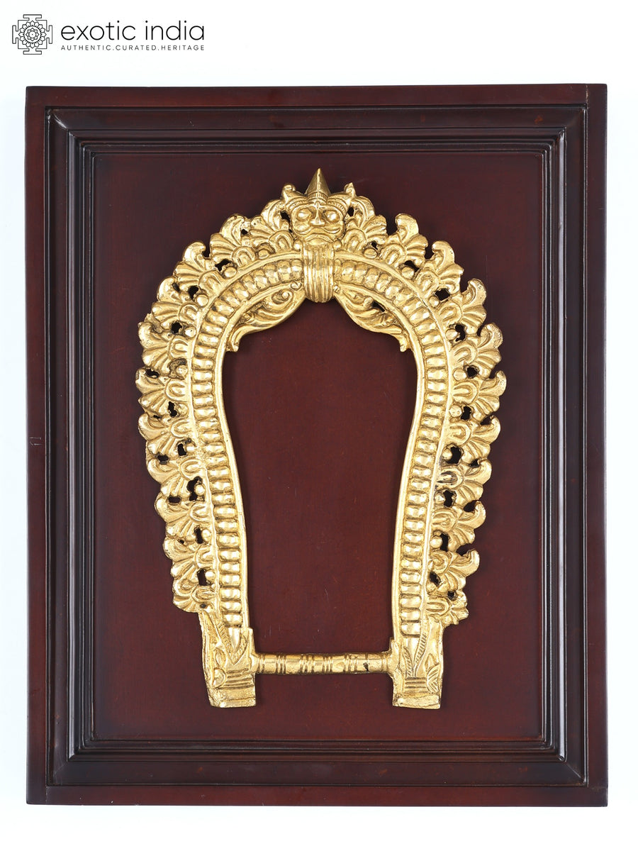 16" Brass Kirtimukha Arch with Wood Frame Wall Hanging