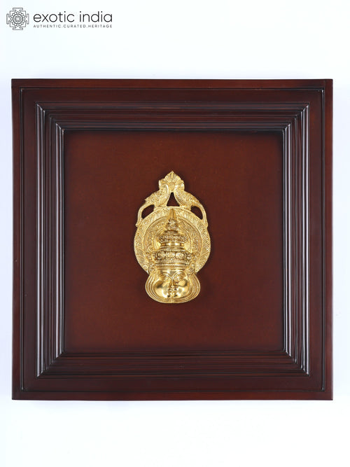 16" Kathakali Face Brass Sculpture with Wood Frame Wall Hanging