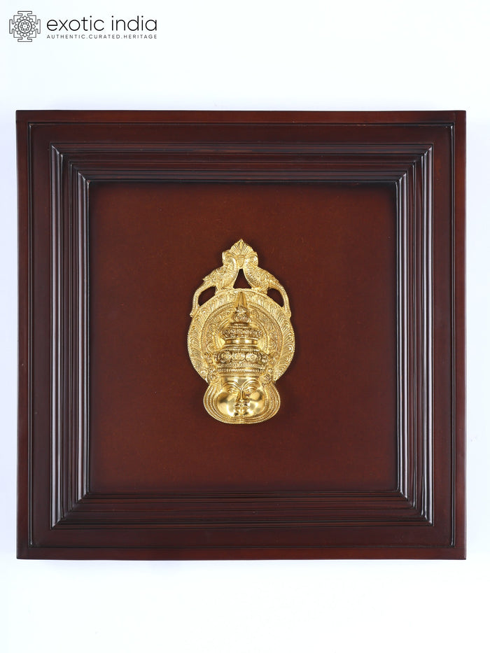 16" Kathakali Face Brass Sculpture with Wood Frame Wall Hanging