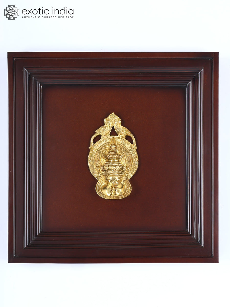 16" Kathakali Face Brass Sculpture with Wood Frame Wall Hanging