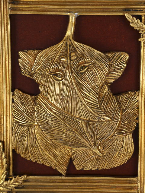 16" Leaf Ganesha | Wood Framed Brass Sculpture | Wall Hanging