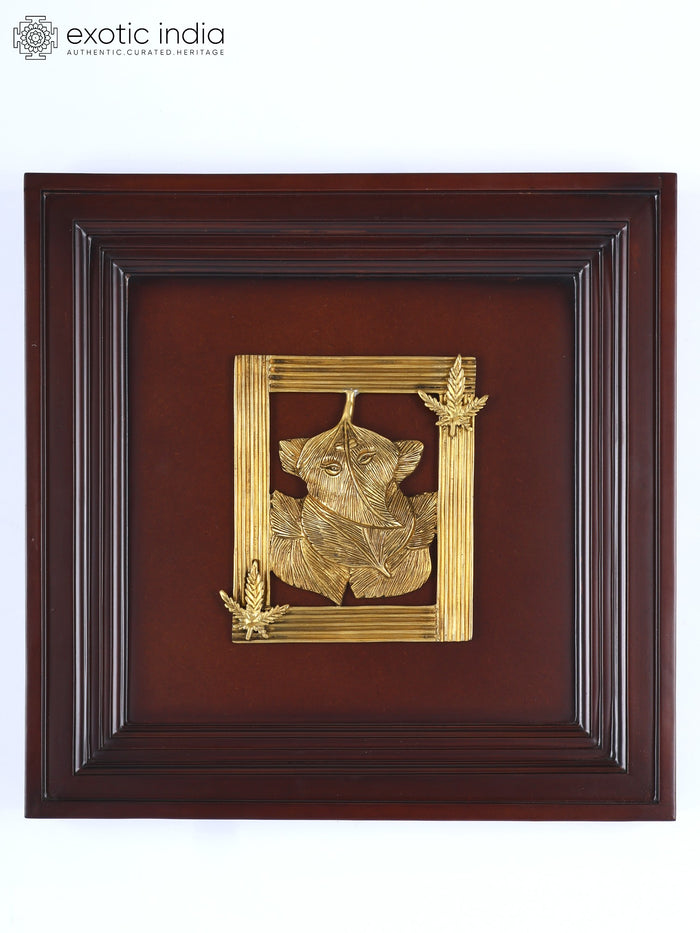16" Leaf Ganesha Brass Wall Hanging Sculpture with Wood Frame