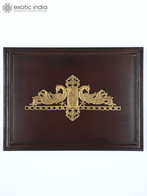 24" Brass Peacock Design Wall Hanging with Wood Frame