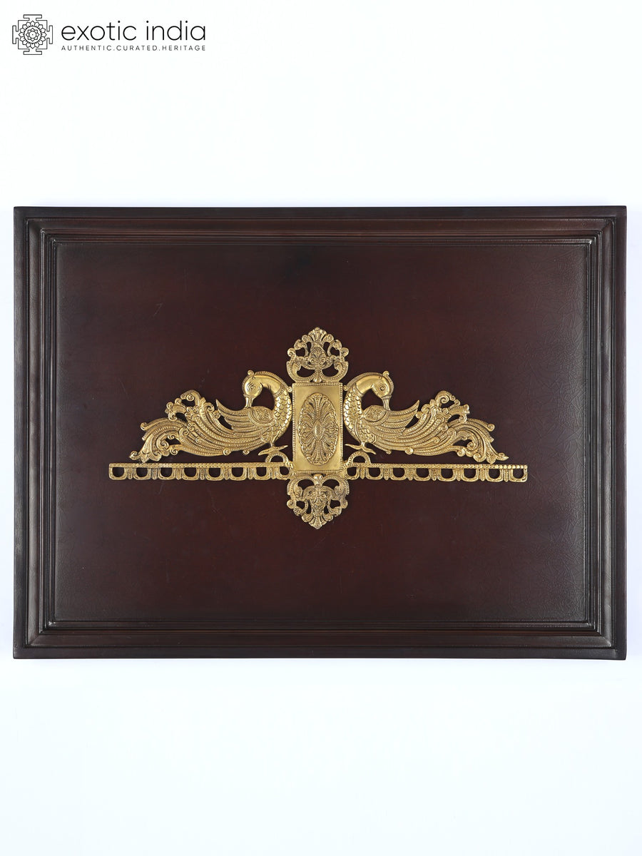 24" Brass Peacock Design Wall Hanging with Wood Frame