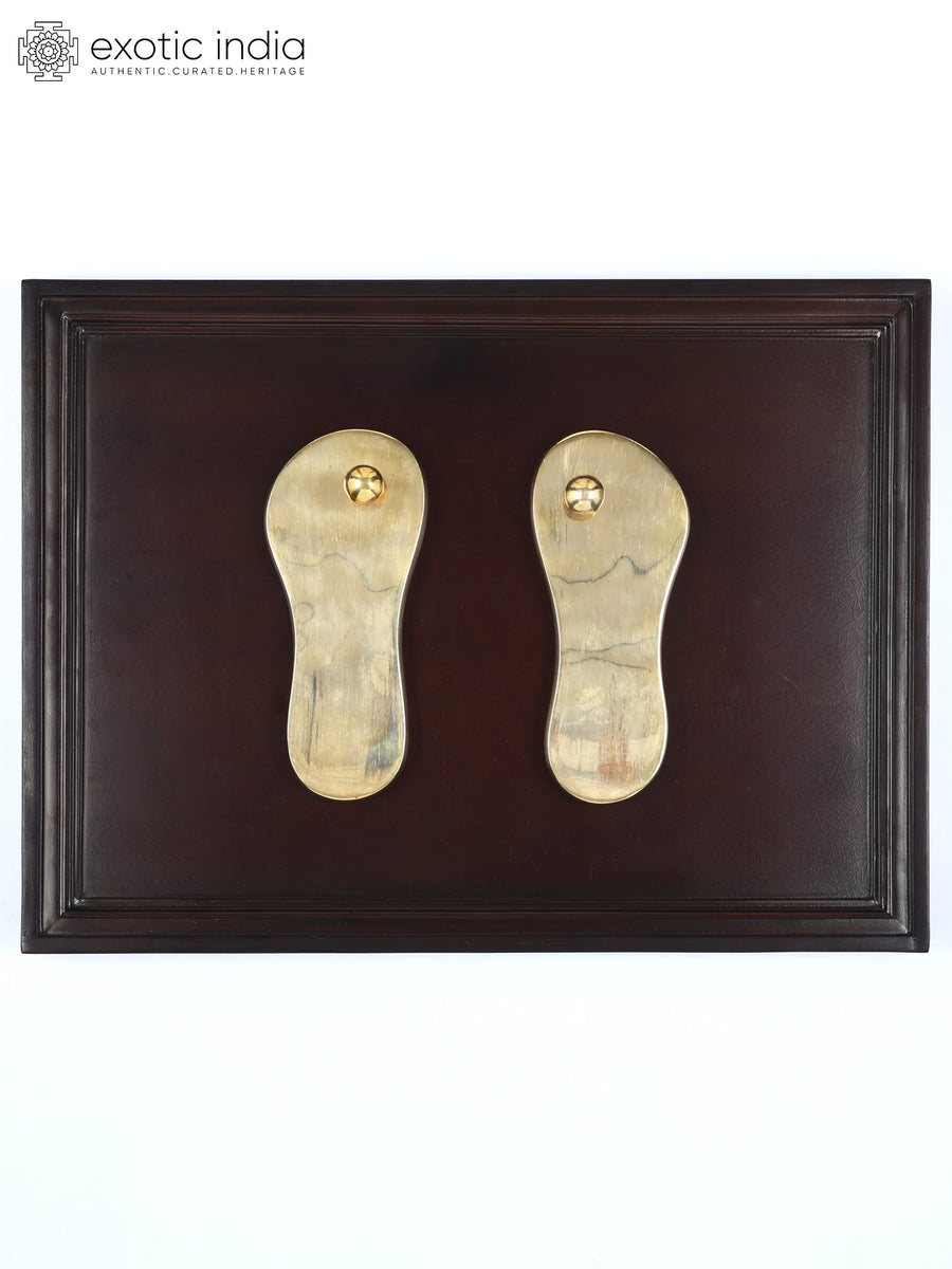 24" Brass Charan Paduka Wood Framed Wall Hanging