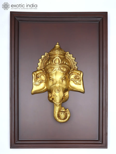 41" Lord Ganesha Face Mask | Wood Framed Brass Sculpture | Wall Hanging